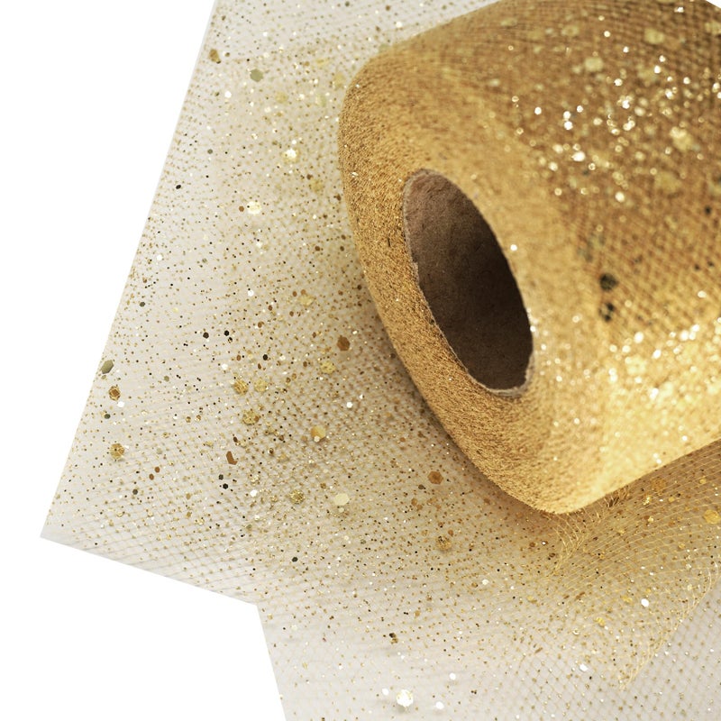Gold Glitter Tulle Fabric Rolls 6 Inch 50 Yards 150FT Sequin Sparkling Ribbon Spool Netting for Wedding Tutu Skirt Gift Wrapping Party Decoration Antique Gold