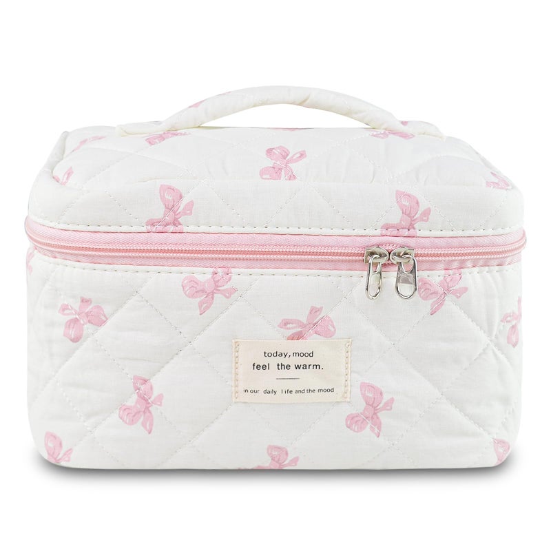 GISMTR Makeup Bag Quilted Bow Cosmetic Bag Large Travel Aesthetic Make up Bag Cute Coquette Toiletry Bag for Women Girls - Image 2