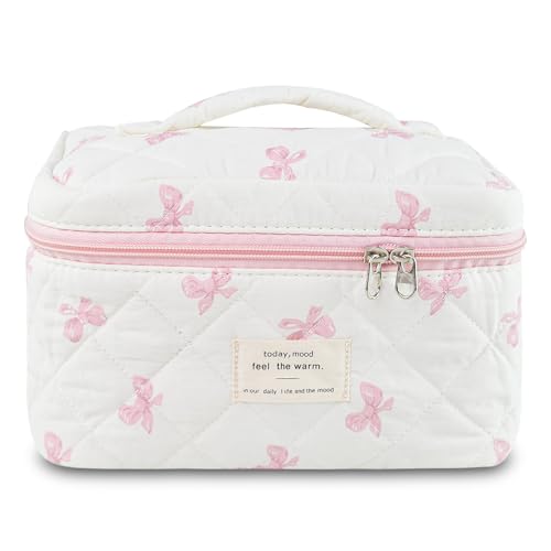 GISMTR Makeup Bag Quilted Bow Cosmetic Bag Large Travel Aesthetic Make up Bag Cute Coquette Toiletry Bag for Women Girls - Image 1
