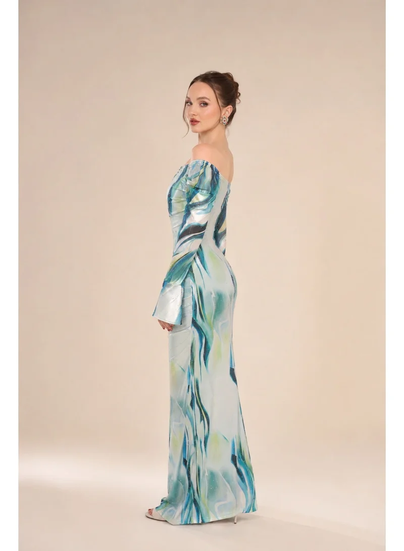 2Trendy Women's Turquoise Maxi Dress with Abstract Print, Off Shoulder and Bell Sleeves