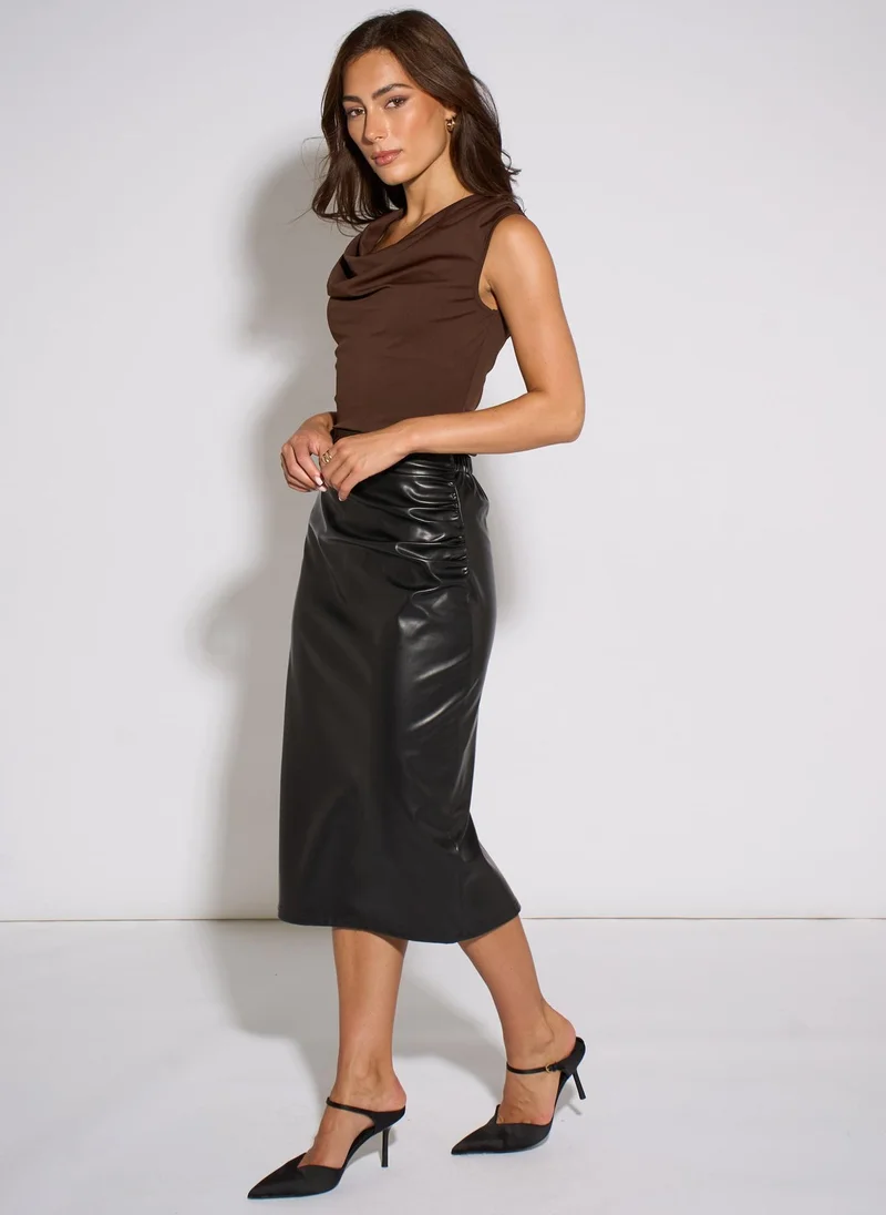Gini London  Black Faux Leather Ruched Side Pencil Skirt for Women | Best Price UAE