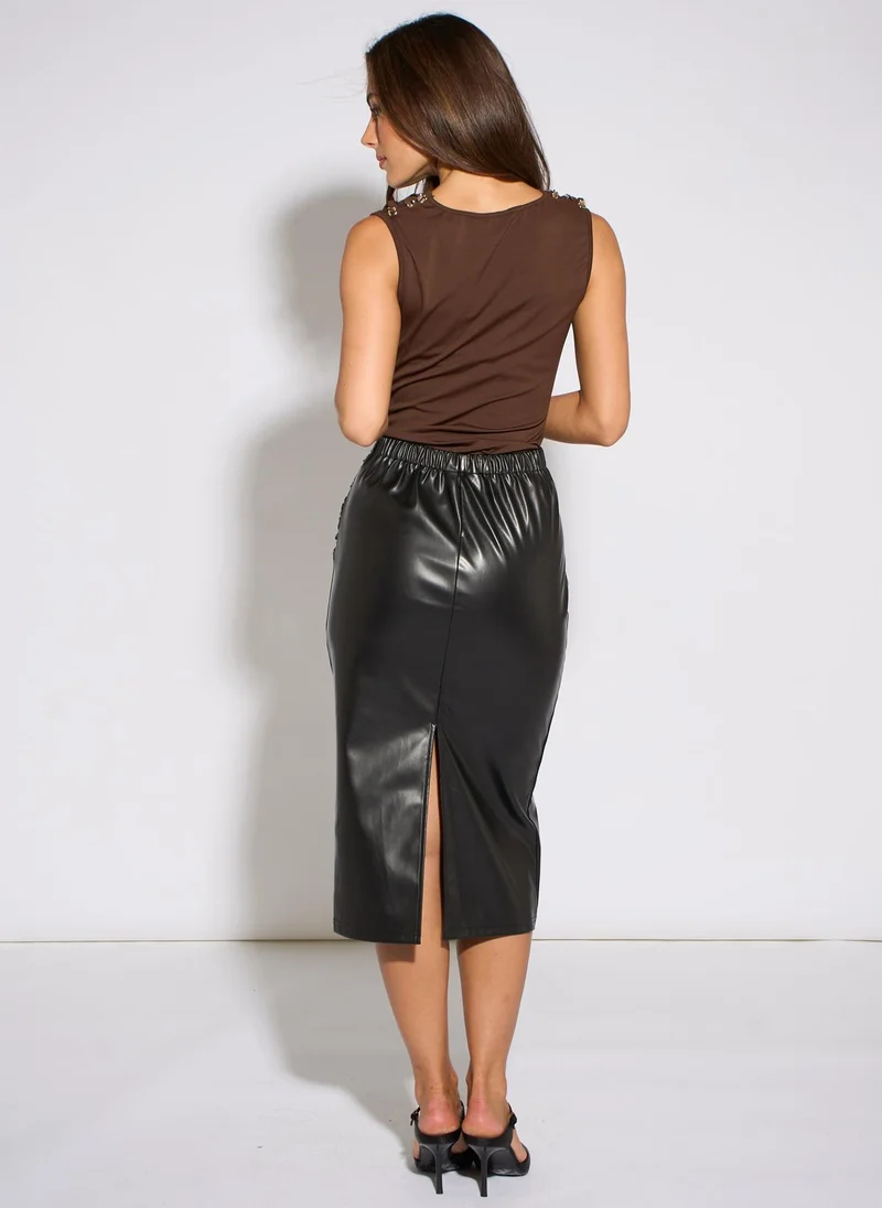 Gini London  Black Faux Leather Ruched Side Pencil Skirt for Women | Best Price UAE