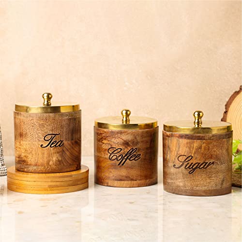 Anantam Homes Decorative Quoted Mango Wood Canister Sets Airtight with Lids Storage Container for Coffee Tea Sugar Kitchen Counter Top, Set of 3 - Image 1