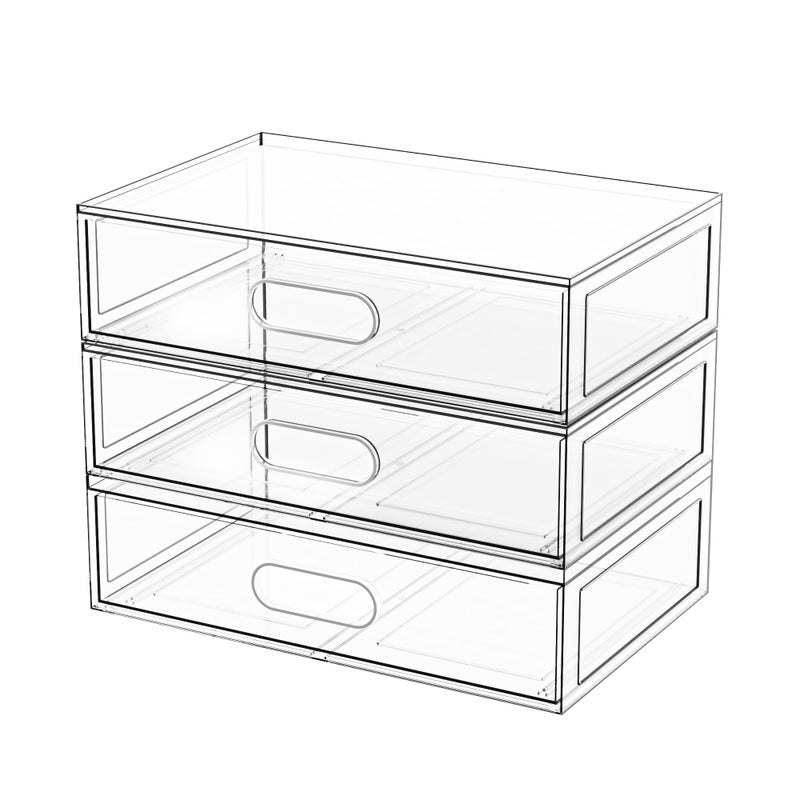 Aurblozen Clear Stackable Makeup Organizer with Drawer, 12''W Acrylic Storage Drawers, Cosmetic Display Case for Vanity Bathroom Countertop, Beauty Holder for Lipstick Brush Skincare Perfume (3 Tier) - Image 1