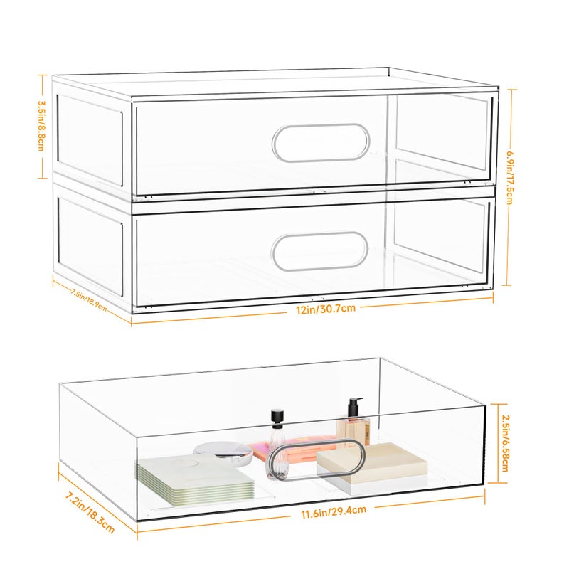 Aurblozen Clear Stackable Makeup Organizer with Drawer, 12''W Acrylic Storage Drawers, Cosmetic Display Case for Vanity Bathroom Countertop, Beauty Holder for Lipstick Brush Skincare Perfume (3 Tier) - Image 3