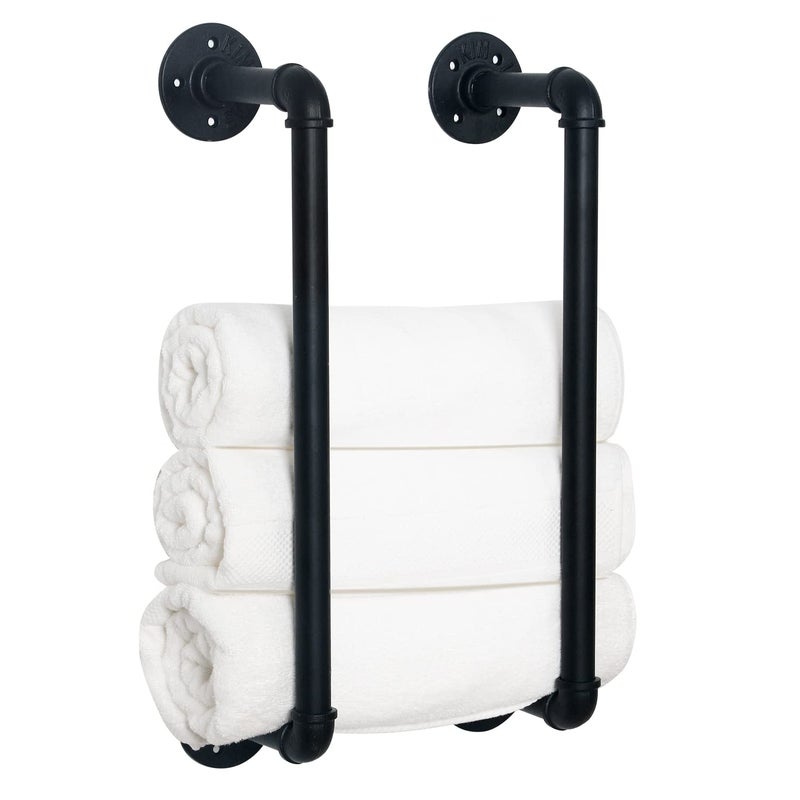 HouseAid Industrial Pipe Towel Rack, Farmhouse Bathroom Towel Storage Holder, Vintage Style Towel Organization, Wall Mounted, Matte Black - Image 1