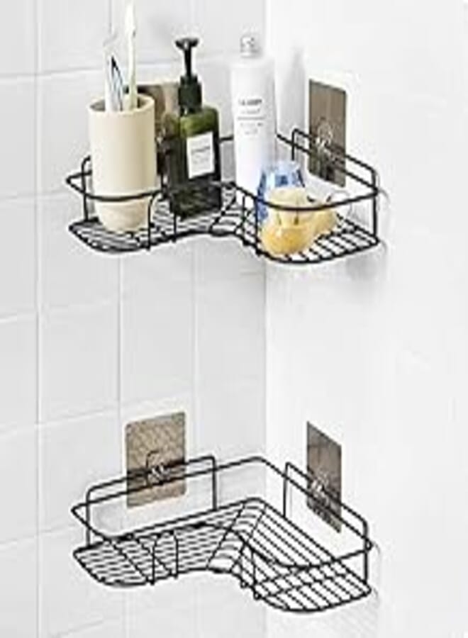 Set of Corner Wall Shelves Wrought Iron with Suction Cup - Ideal for Bathroom and Kitchen Storage - Shower Shelf for Shampoo and Toiletries, Available in Prime Shop (Black) 