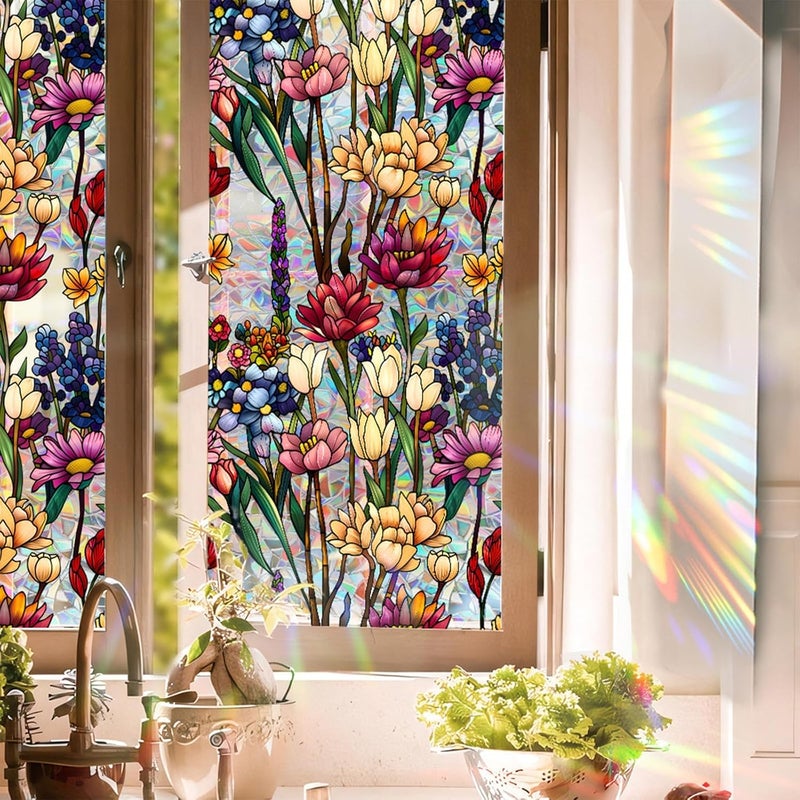 Aomkmi Window Privacy Film,Stained Glass Window Film Office and Home Decoration Insulation Privacy Glass Window Film, UV Resistant, Frosted Electrostatic Adsorption(17 Inch x 39.37 Inch Yellow) - Image 1