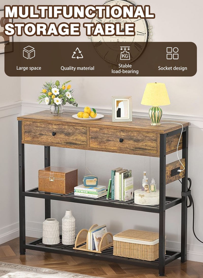 EqiEch Coffee Cabinet, Entryway Console Table with Sockets and USB Ports, 2 Drawer Sofa Table with Storage Shelves for Living Room, Hallway, Foyer, Kitchen, 32" x 13.8" x 31.5" - Image 3