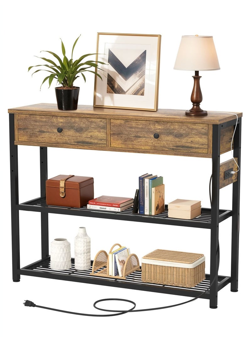 EqiEch Coffee Cabinet, Entryway Console Table with Sockets and USB Ports, 2 Drawer Sofa Table with Storage Shelves for Living Room, Hallway, Foyer, Kitchen, 32" x 13.8" x 31.5" - Image 2