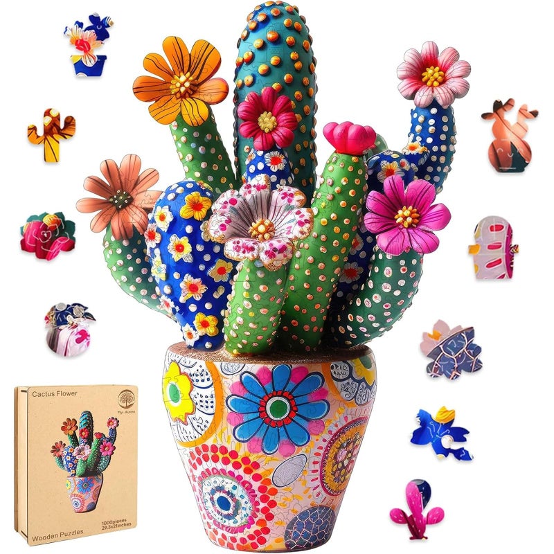 Mys Aurora Puzzles for Adults Cactus Flower Wooden Puzzles 1000 Pieces Unique Shaped Jigsaw Puzzles Birthday for Mom Adults Fun Challenge Family Game 293 x 21 - Image 3