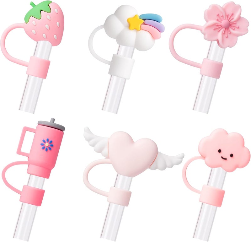 BULKITEM 6Pcs Pink Cue Straw Cover Cap for Stanley Cup 40 30oz Tumbler, 10mm Reusable Cute Drinking Straw Topper Accessories, Portable Protector Plugs Decorations Gifts for Party - Image 1