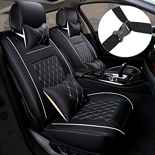 MAGQOO Universal PU Leather Car Seat Cover Full Set 5-Seat Front&Rear Cushions Full Seat with Pillows Fit for SUV Truck Van Year Round Use (Black/White Line) - Image 1