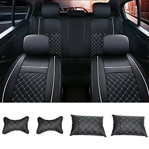 MAGQOO Universal PU Leather Car Seat Cover Full Set 5-Seat Front&Rear Cushions Full Seat with Pillows Fit for SUV Truck Van Year Round Use (Black/White Line) - Image 2
