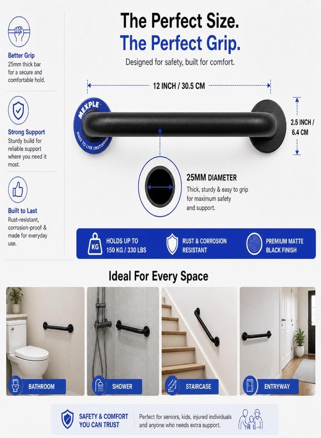 MEXPLE TeXXa12B Stainless Steel Grab Bar for Bathroom | Heavy-Duty Wall Support Handle for Elderly & Safety | Anti-Rust, Anti-Slip Grip | Ideal for Toilet, Shower & Home Safety (12 Inch) - Image 5