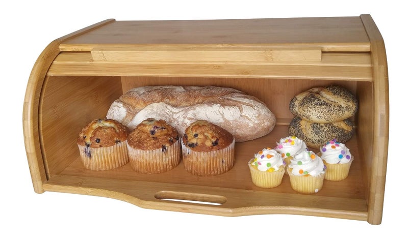 PremiumPresents Large bread box bread basket wooden box storage boxes kitchen counter organizer, roll top breadbox. bread boxes for kitchen countertop. Bamboo wooden boxes. (Natural) - Image 4