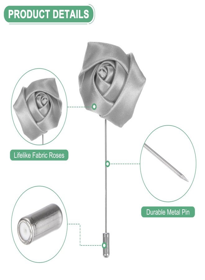 M METERXITY 12-Pack Rose Boutonnieres, Groom Boutonnieres, Lapel Pin Boutonnieres for Men Wedding/Man Suit Decoration/Wedding Buttonholes Pocket Boutonnieres/DIY Wedding Bouquets [Silver Gray] - Image 2