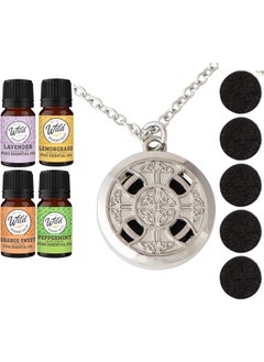 mEssentials Wild Essentials Celtic Cross Necklace Essential Oil Diffuser Kit with Lavender, Lemongrass, Peppermint, Orange Oils, 6 Refill Pads, Calming Aromatherapy Gift Set, Customizable Color Changing, Perfume 