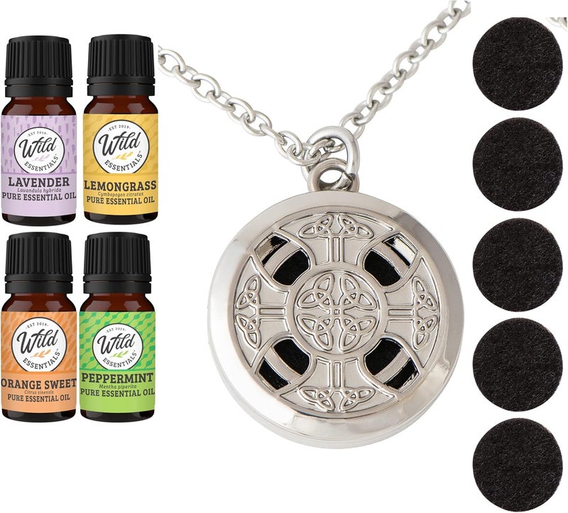 mEssentials Wild Essentials Celtic Cross Necklace Essential Oil Diffuser Kit with Lavender, Lemongrass, Peppermint, Orange Oils, 6 Refill Pads, Calming Aromatherapy Gift Set, Customizable Color Changing, Perfume 