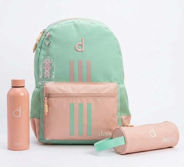 Depo 3-Piece School Backpack Set – 44cm Backpack with Pencil Case & 500ml Water Bottle | Lightweight, Water-Resistant School Bag for Boys & Girls | Mint Green & Pink