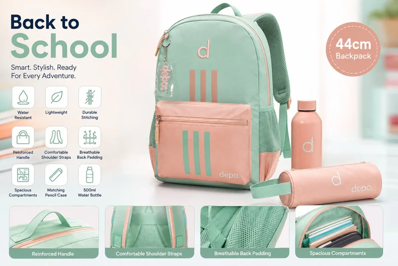 Depo 3-Piece School Backpack Set – 44cm Backpack with Pencil Case & 500ml Water Bottle | Lightweight, Water-Resistant School Bag for Boys & Girls | Mint Green & Pink