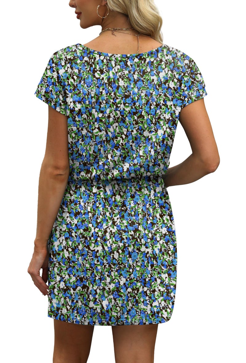 OFEEFAN Summer Dresses for Women 2025 Loose V Neck T Shirt Casual Mini Dresses Tie Waist with Pockets Floral M - Image 5