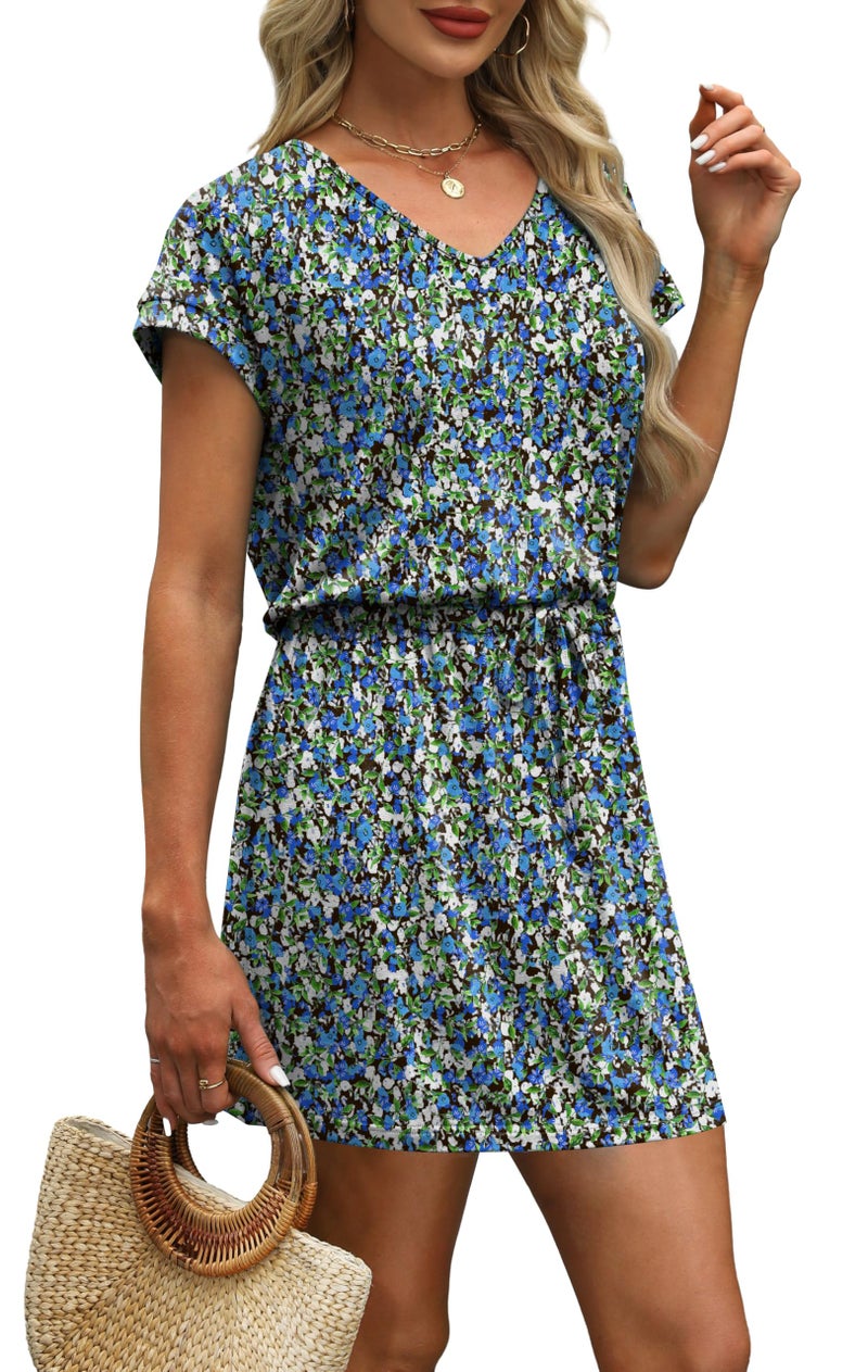 OFEEFAN Summer Dresses for Women 2025 Loose V Neck T Shirt Casual Mini Dresses Tie Waist with Pockets Floral M - Image 4
