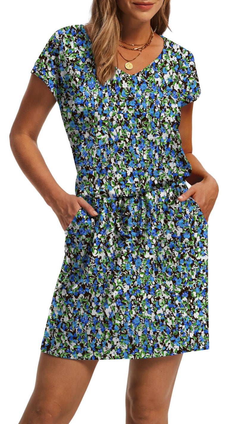 OFEEFAN Summer Dresses for Women 2025 Loose V Neck T Shirt Casual Mini Dresses Tie Waist with Pockets Floral M - Image 3
