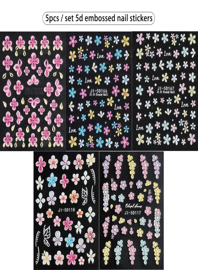 Fcozpjk 5D Embossed Flower Nail Stickers, 5PCS Colorful Floral Nail Art Stickers Pink Cherry Blossom Hibiscus Daisy Nail Decals Self-Adhesive Pegatinas para Uñas Spring Summer Decoration - Image 2