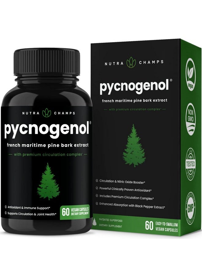 NutraChamps Pycnogenol French Maritime Pine Bark Extract ; Premium Circulation Complex ; Blood Flow Nitric Oxide Production ; Superior Absorption Results With Black Pepper Extract ; Vegan Nongmo ; 60 Capsules  - Image 1