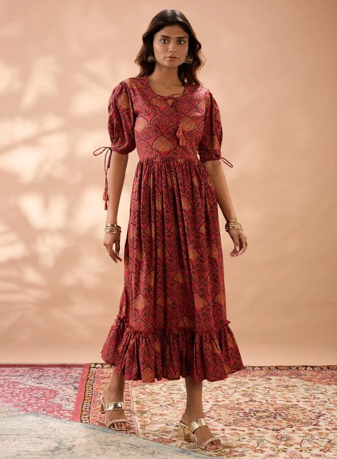 globus Puff Sleeves Ethnic Print A-Line Midi Dress
