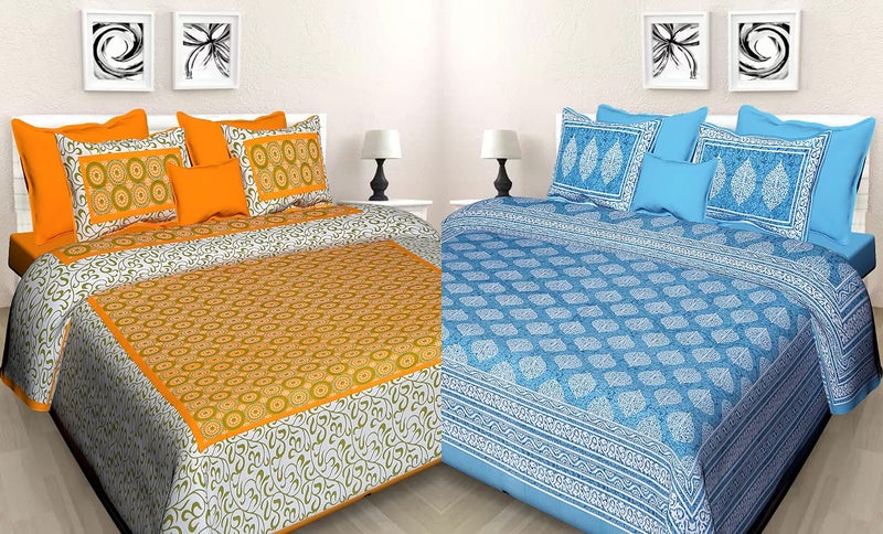Meejoya 100 Cotton Rajasthani Jaipuri King Size Combo Bedsheets Set of 2 Double Bedsheets with 4 Pillow Covers_Made in India_11