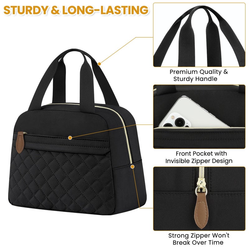 ELONGRIVER Insulated Lunch Bag for Women, Portable Lightweight Lunch Box for Adults, Reusable Lunch Tote Cooler Bags with Front Zipper Pocket for Work School Picnic(Black, Large) - Image 4