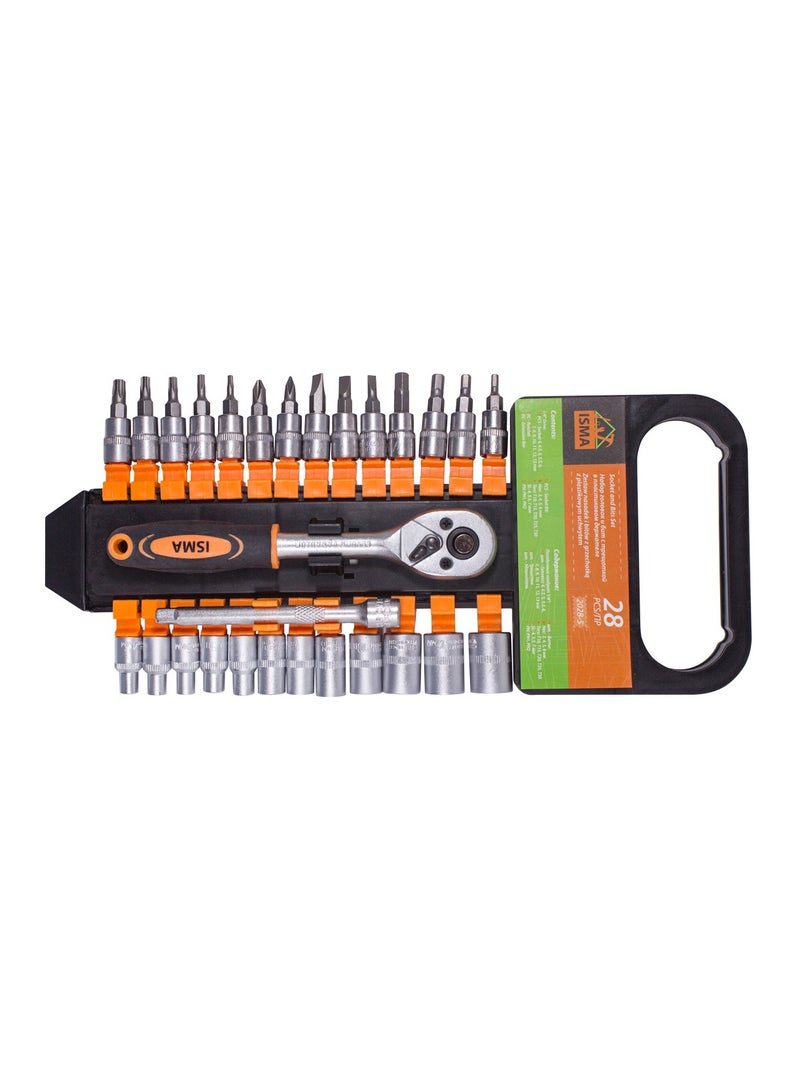 ISMA socket and bit set 28 pcs 1/4"(4-13mm, Torx:T10,15,20,25,30, Hex:3-6mm,SL:4,5.5,7mm, PH1,2) - Image 1