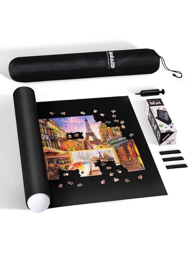 Becko US 2000Pc Jigsaw Puzzle Mat Roll Up With Black Pump & Drawstring Storage Bag Black Felt Mat For Easy Transport & Storage Portable Puzzle Saver For 2000 1500 1000 500 Pieces Jigsaw Puzzles  - Image 1