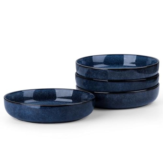 LIANYU Stoneware Pasta Bowls Set of 4, 35oz Large Salad Pasta Bowl for Home, Wide and Shallow Ceramic Plate Bowls for Serving Soup Dinner, Microwave & Dishwasher Safe, Sapphire Blue