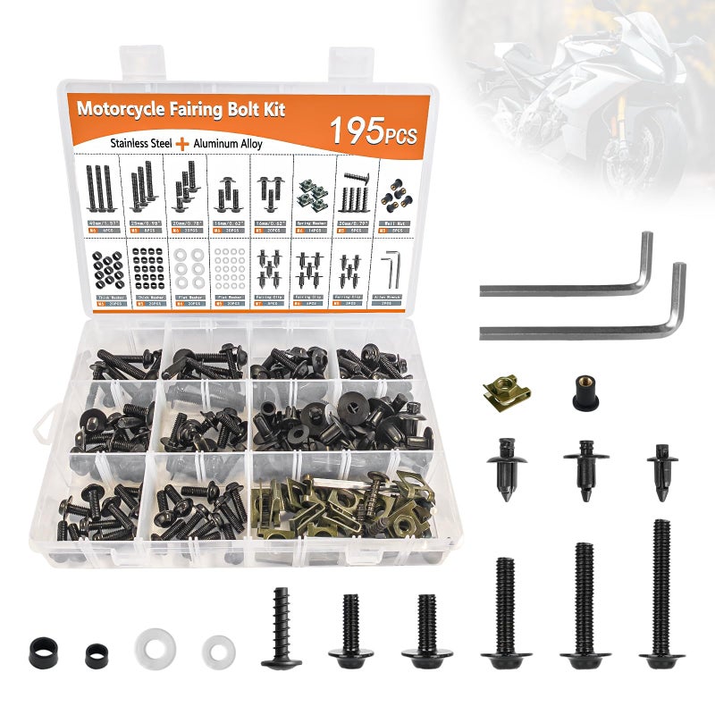Mioyrxia Motorcycle Fairing Bolt Kit, 195Pcs M5 M6 Stainless Steel Motorcycle Windscreen Screws Black Fasteners Fairing Bolts Nut Clips Kit Universal for Kawasak Suzuki Honda Ducati Yamaha BMW GSXR Motorcycle - Image 1