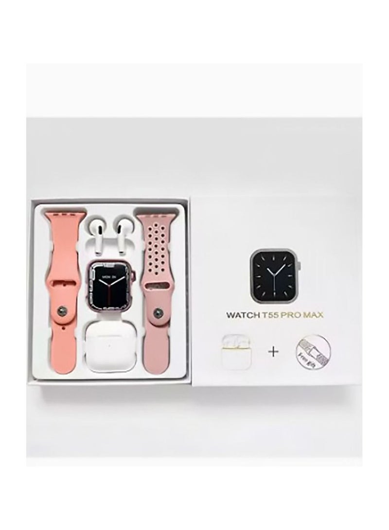 ساعة ذكية T55 Pro Max مع حزام إضافي مجاني بألوان متنوعة وسماعات بلوتوث باللون الوردي - Image 1