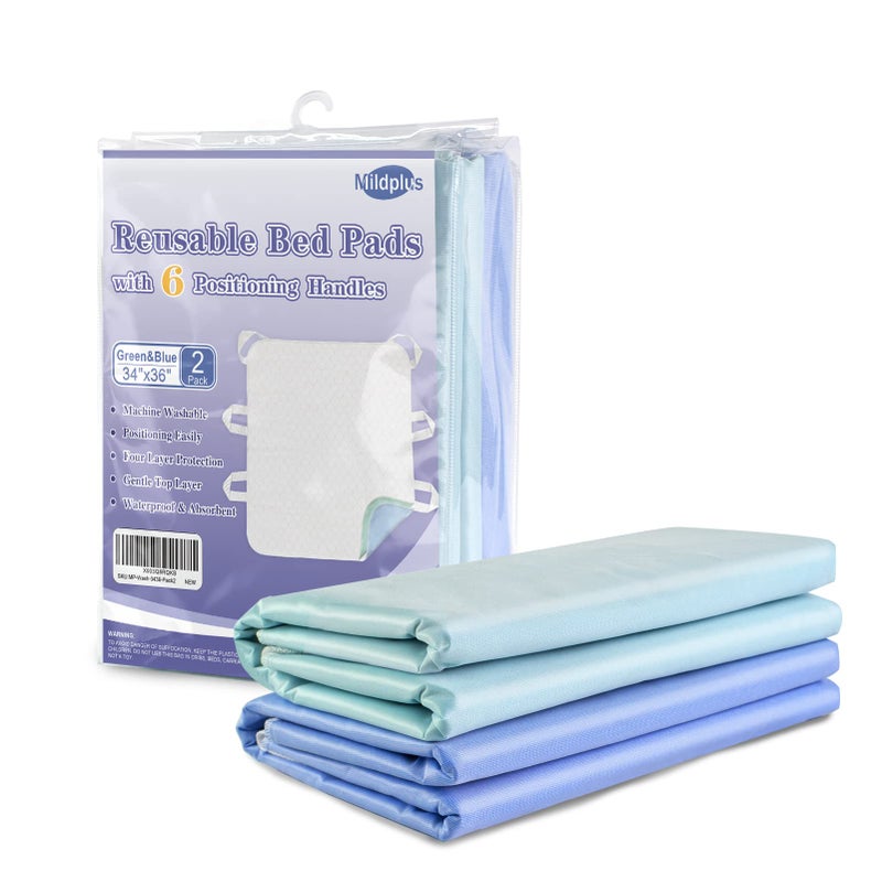 MILDPLUS Washable Bed Pads with 6 Sturdy Handles 3436 Extra Large Reusable Underpads 4Layers Leakproof Chucks Pads Washable for Incontinence 2 Pack