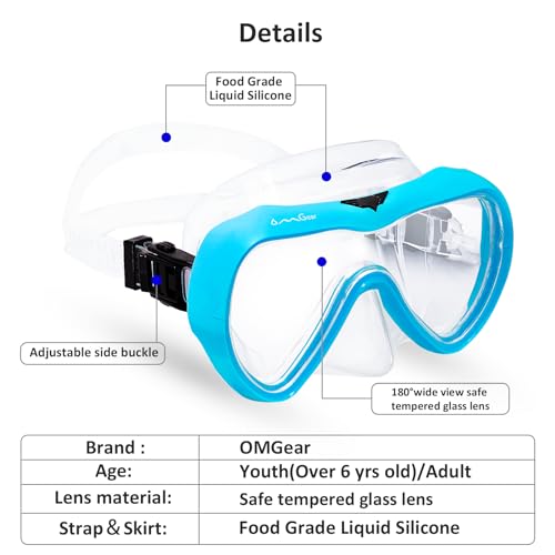 OMGear Diving Mask Snorkeling Gear Kids Adult Snorkel Mask Dive Goggles Silicone Swim Glasses with Nose Cover for Scuba Free Diving Spearfishing Neoprene Strap Cover Impact Resistance (Aqua) - Image 2