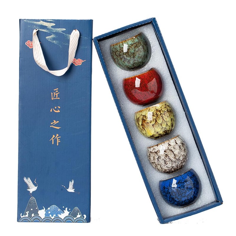 ZPGXLRZ 5Pcs Ceramic Tea Cup Set, 6oz Chinese Tea Cups with Designed Gift Box - 5 Stylish Colors - Image 1