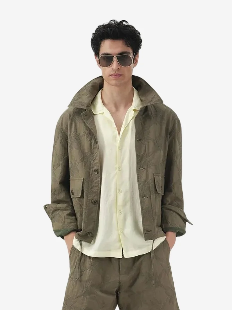 Giesto Khaki Green GIESTO Floral Jacquard Buttoned Shirt Collar Jacket for Men | Best Price UAE