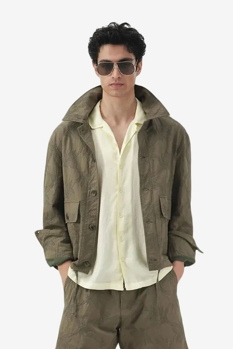 Giesto Khaki Green GIESTO Floral Jacquard Buttoned Shirt Collar Jacket for Men | Best Price UAE