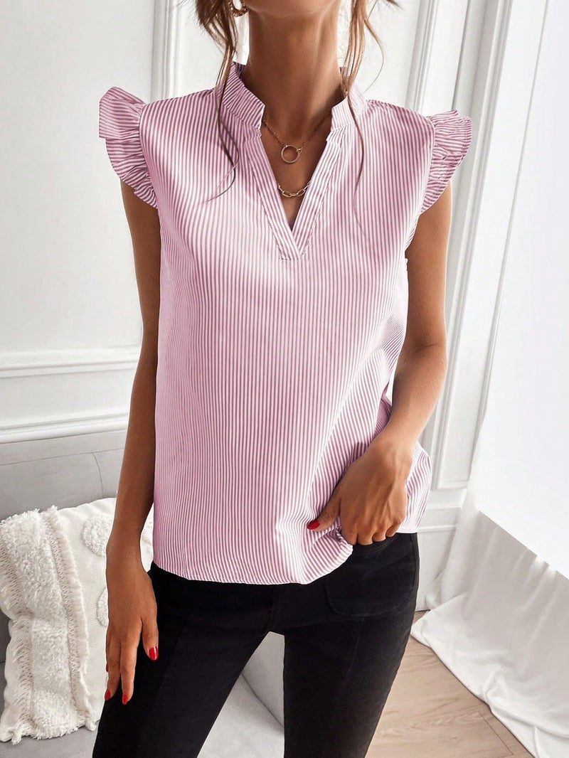 Floerns Women's Striped Ruffle Cap Sleeve Tops Summer Blouse Tops V Neck Business Causal Work Outfits for 2025 Pink Striped Small - Image 3