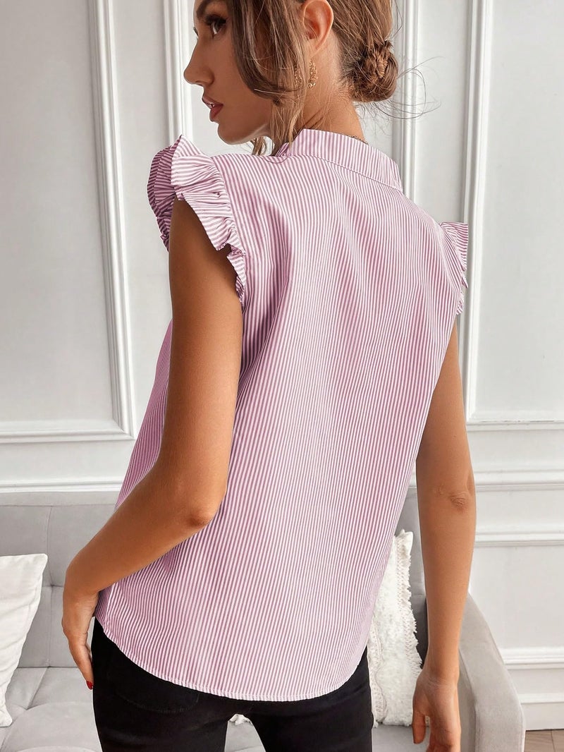 Floerns Women's Striped Ruffle Cap Sleeve Tops Summer Blouse Tops V Neck Business Causal Work Outfits for 2025 Pink Striped Small - Image 2