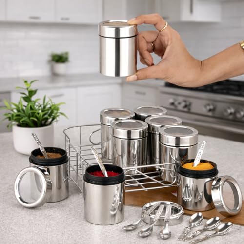 VISAXMI Steel Masala Box with See Through Lid | 9 in 1 Spice Storage Container Set with 9 Containers, 9 Spoons & Stand | Airtight Masala Jar for Kitchen Storage (175ml) Each - Image 5