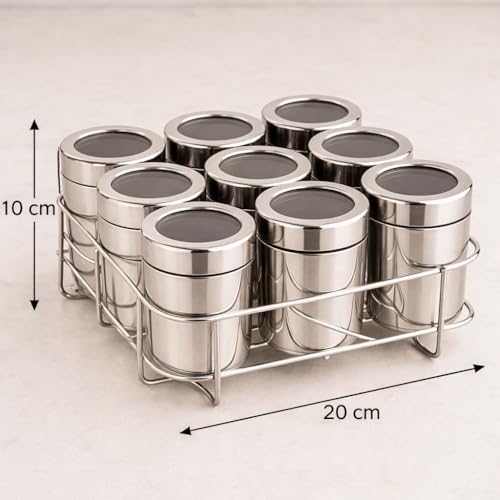 VISAXMI Steel Masala Box with See Through Lid | 9 in 1 Spice Storage Container Set with 9 Containers, 9 Spoons & Stand | Airtight Masala Jar for Kitchen Storage (175ml) Each - Image 2