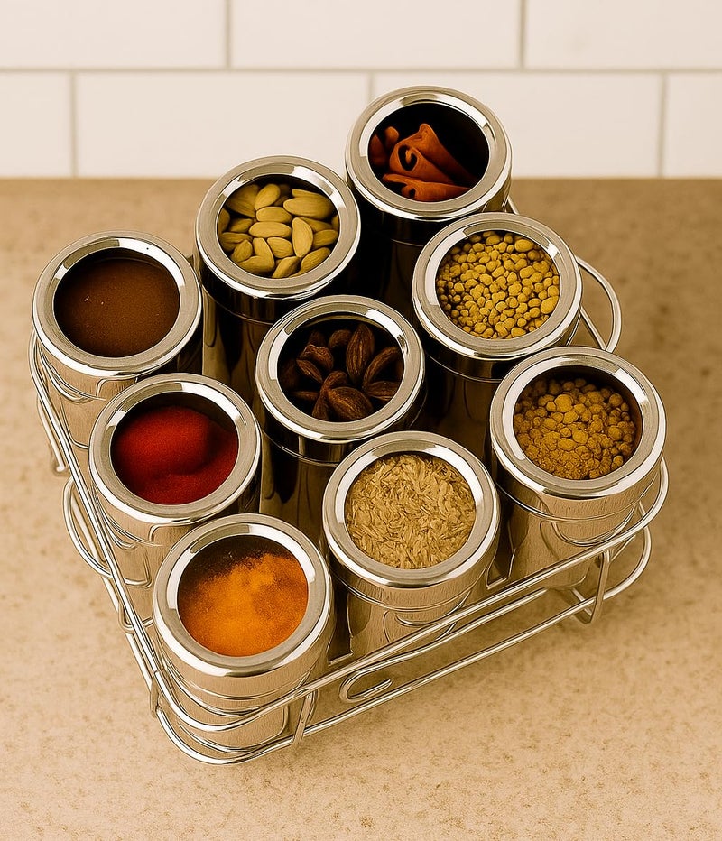 VISAXMI Steel Masala Box with See Through Lid | 9 in 1 Spice Storage Container Set with 9 Containers, 9 Spoons & Stand | Airtight Masala Jar for Kitchen Storage (175ml) Each - Image 4