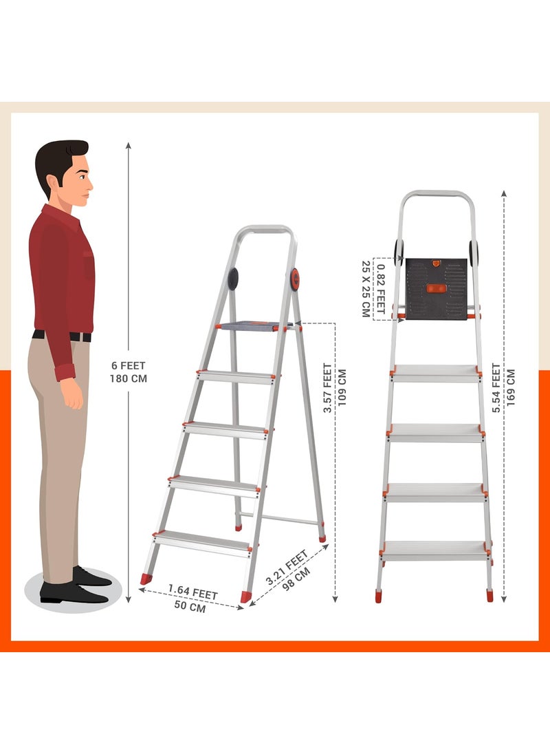 Bathla - Bathla Advance Pro 5Step Foldable Aluminium Ladder for Home HeavyDuty AntiSlip Steps with SureHinge Technology 7Year Manufacturer Warranty Orange - Image 1