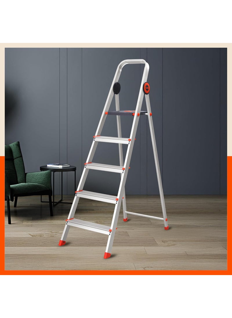 Bathla - Bathla Advance Pro 5Step Foldable Aluminium Ladder for Home HeavyDuty AntiSlip Steps with SureHinge Technology 7Year Manufacturer Warranty Orange - Image 1